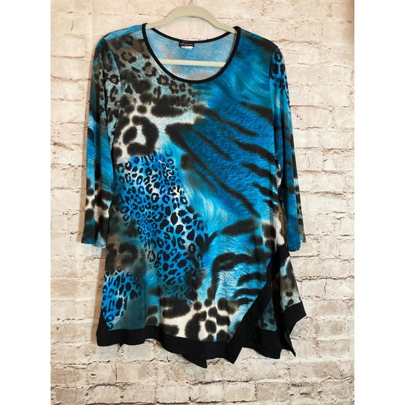 Caribe Top Womens Small Cobalt Mixed Animal Print Asymmetric Hem Artsy Stretch - Picture 1 of 12
